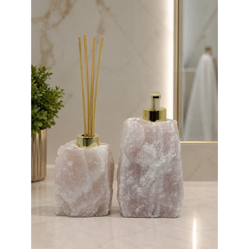 Kit Saboneteira e Difusor de Pedra Natural Quartzo Rosa