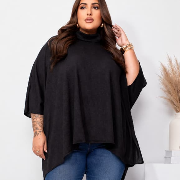 Blusa Feminina Plus Size Poncho Inverno Lanzinha Manga Longa Gola Boba Quentinha Elegante Confortável