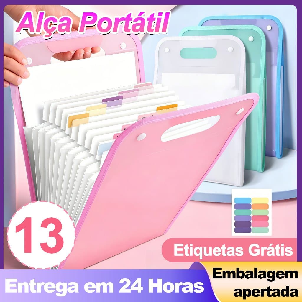 Pasta Sanfonada A4 13 Divisórias Organizador Documentos Resistente Impermeável Flexível