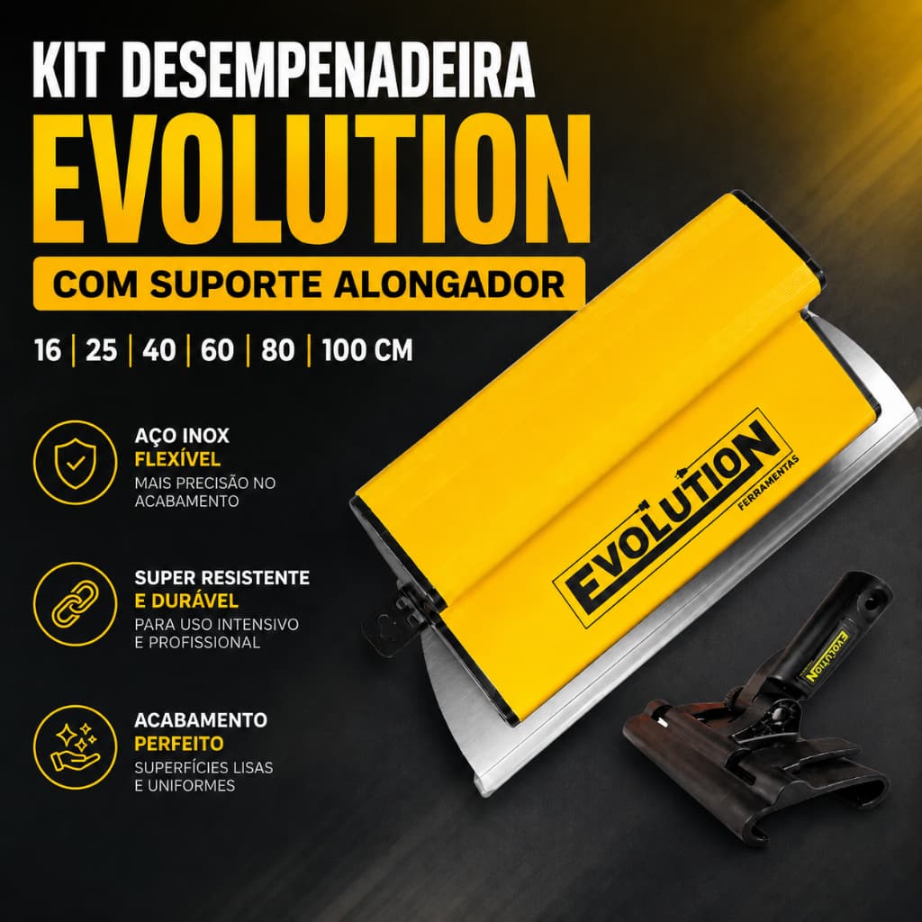 Desempenadeira Flexível Inox Evolution 16 a 100cm C/ Suporte Alongador Massa Corrida Acabamento