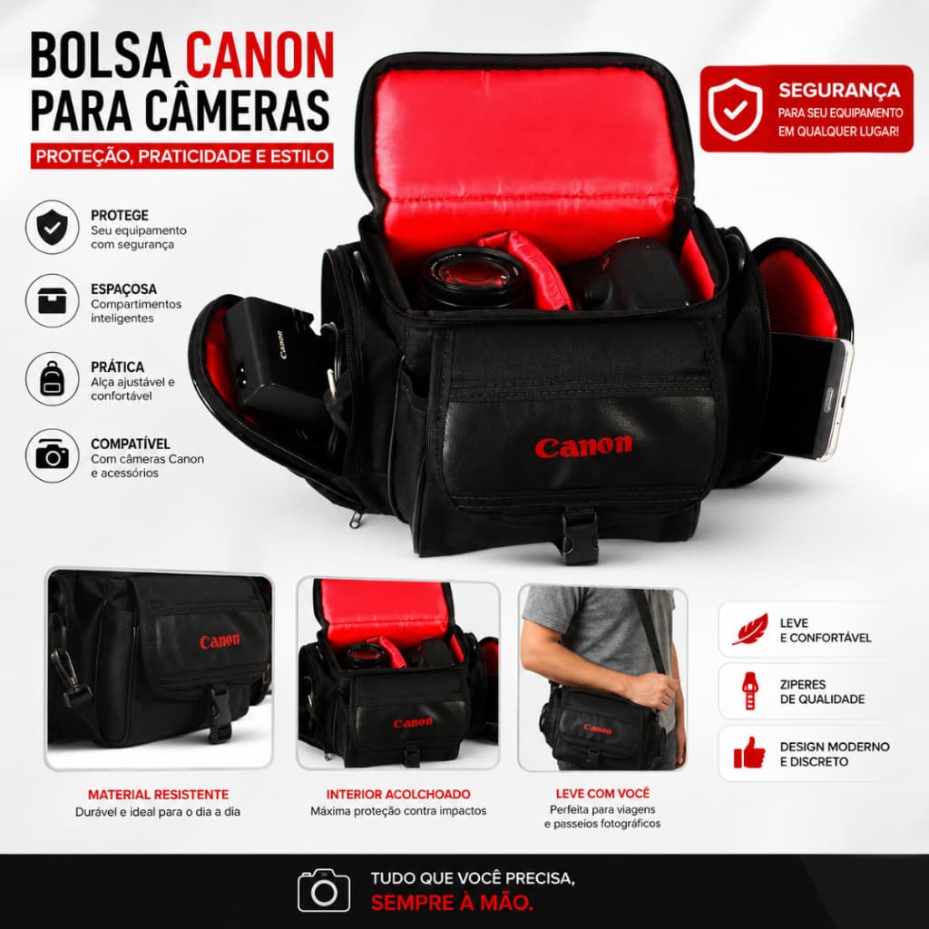 Bolsa Case Bag Para Câmera Fotográfica Canon e Acessórios Semi Impermeável Câmera DSLR T3 T4 T5 T3i T4i T5i T6i T7i T6s