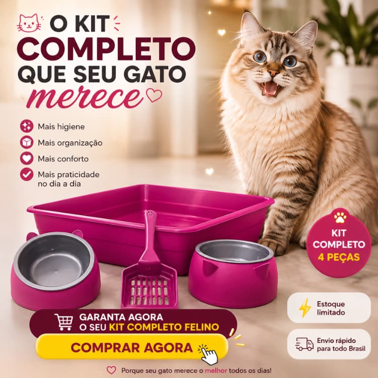 Kit Enxoval para Gato Caixa de Areia 8L Pá Higiênica e 2 Comedouros Elevados Ergonômicos Completo