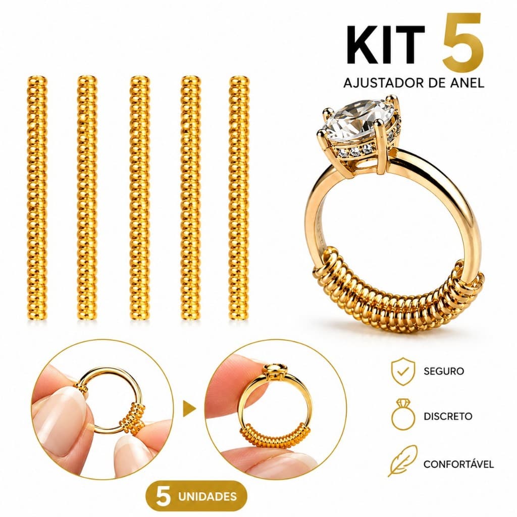Kit 5 Ajustador Redutor Anel Regulador Silicone Dourado Ajustável Confortável Encaixar tamanho