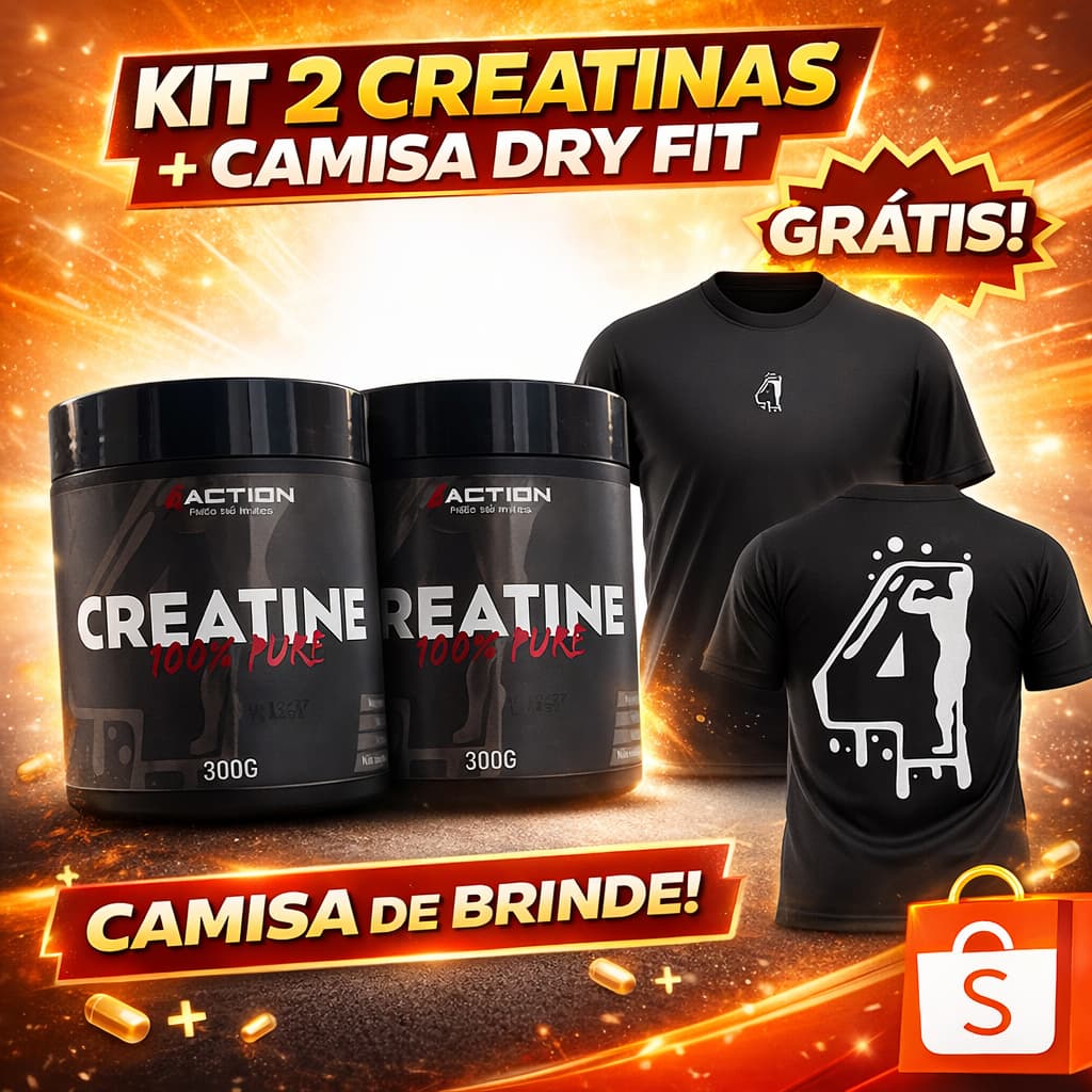 Kit 2x Creatina Monohidratada 100% Pura 300g Action + Camisa Dry Fit Preta Slim Brinde