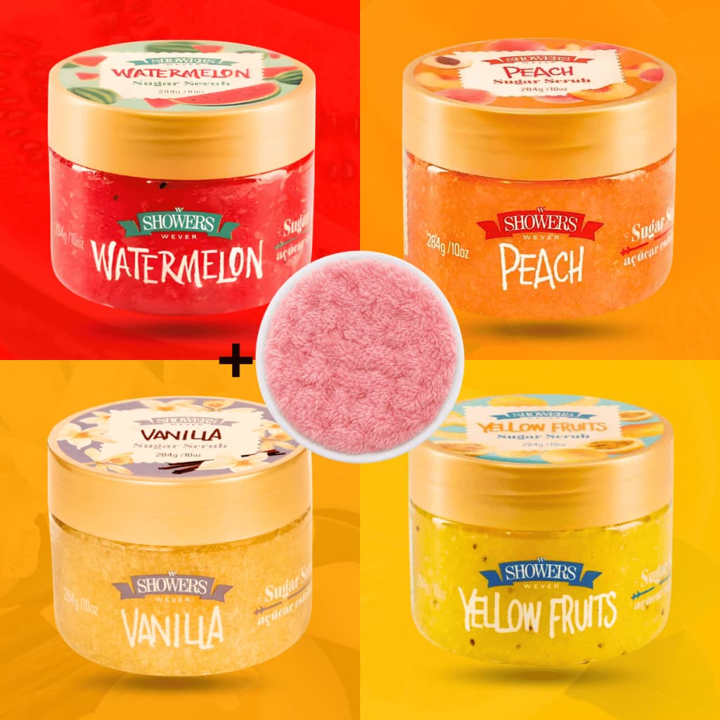 Esfoliante Corporal Sugar Scrub + Esponja Wever Melancia Pêssego Baunilha Hidratante Corpo Rosto