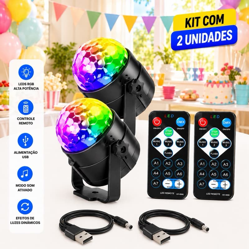 2 Unidades Luz de Festa LED RGB com Sensor de Música – Efeito Colorido Profissional CYL5861