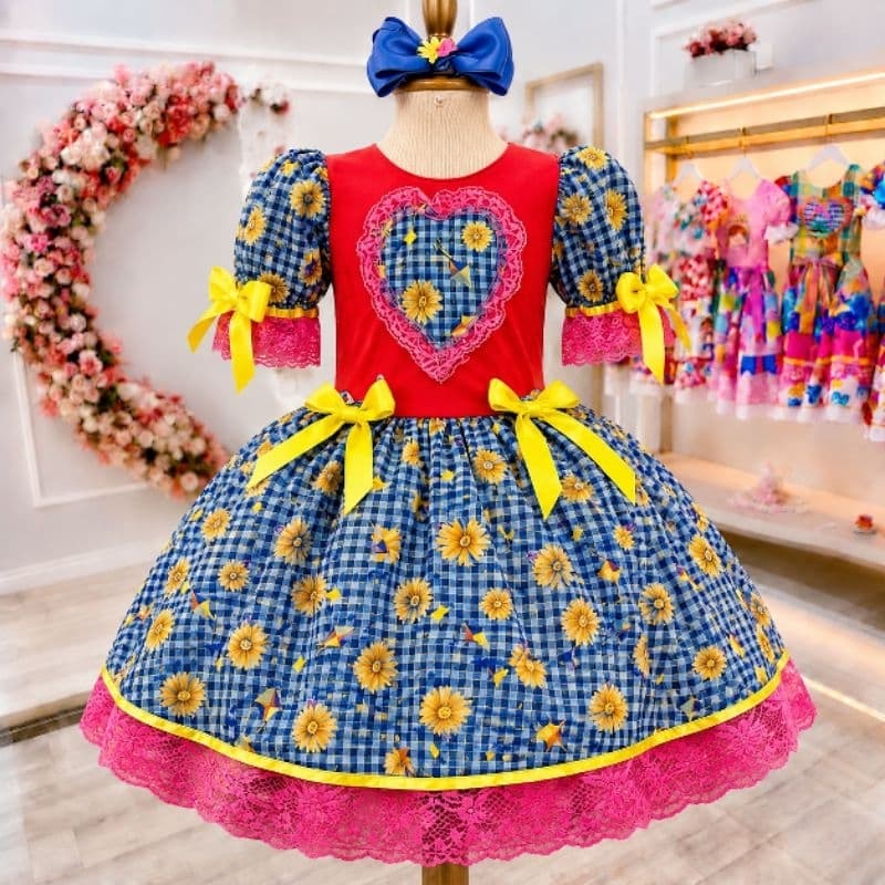 Vestido Festa Junina Infantil Luxo Caipira Completo Com Bolsa  Temático