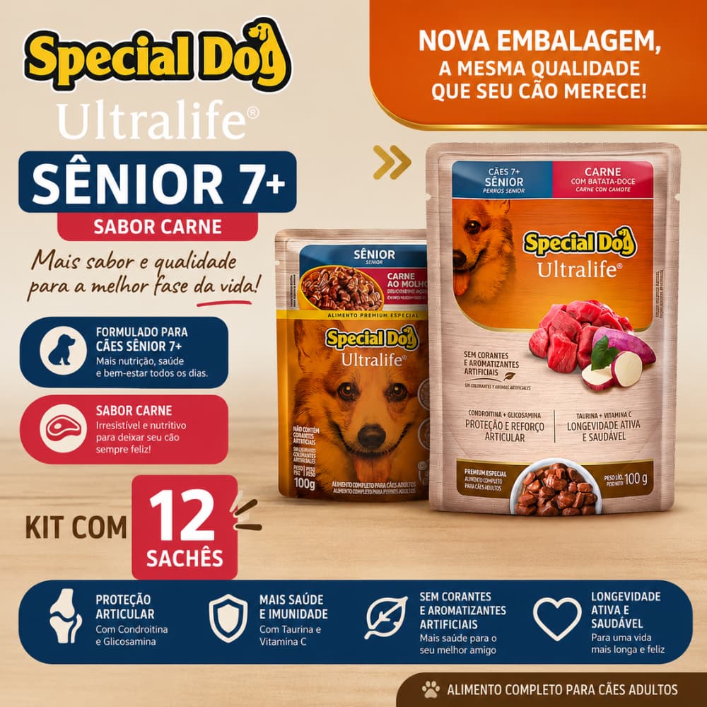 Sachê Ração Úmida Cachorro Sênior Idoso Special Dog Ultralife Carne 100g Kit 12 Unidades