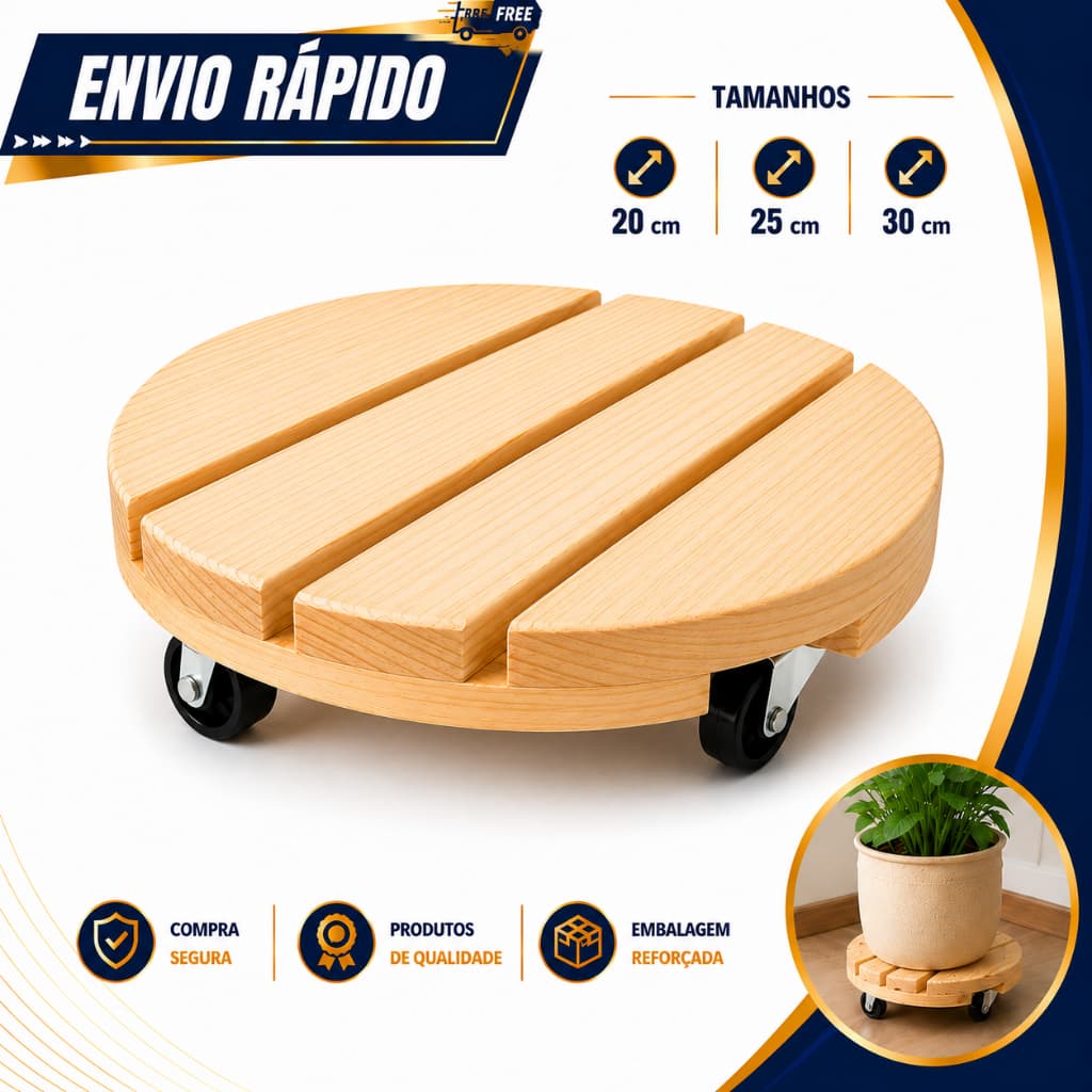 Suporte De Vaso Com Rodas 20cm 25cm 30cm Redondo Madeira Tratada Para Botijão  Suporta Até 80 kg