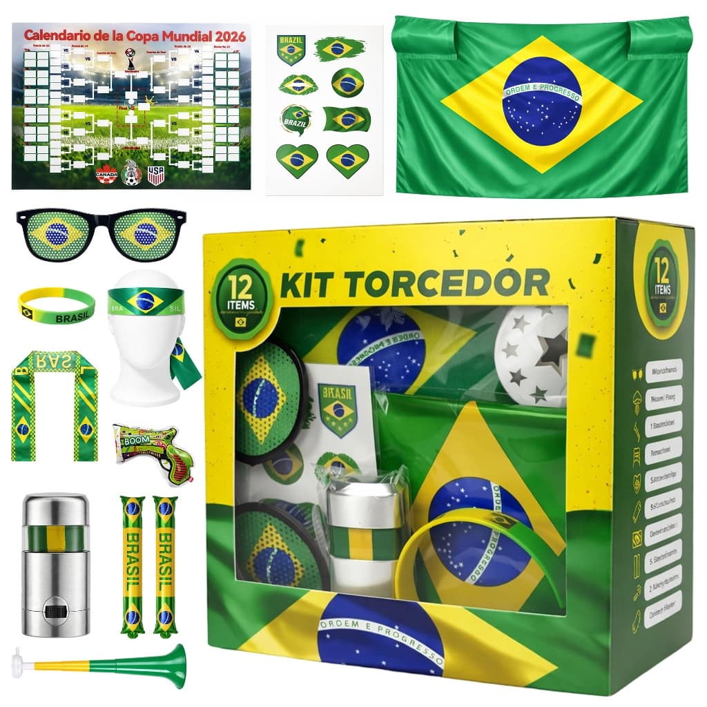 Kit Bandeira do Brasil Gigante 150x90cm Com 12pçs Adesivo Trompete Arma De Fogos De Artifício Lenço Na Cabeça