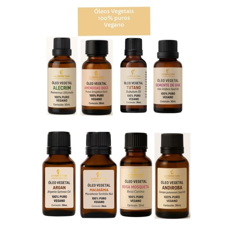 Óleo vegetal 100% puro e vegano, macadâmia, tutano, andiroba, abacate, rosa mosqueta, semente de uva, argan, menta