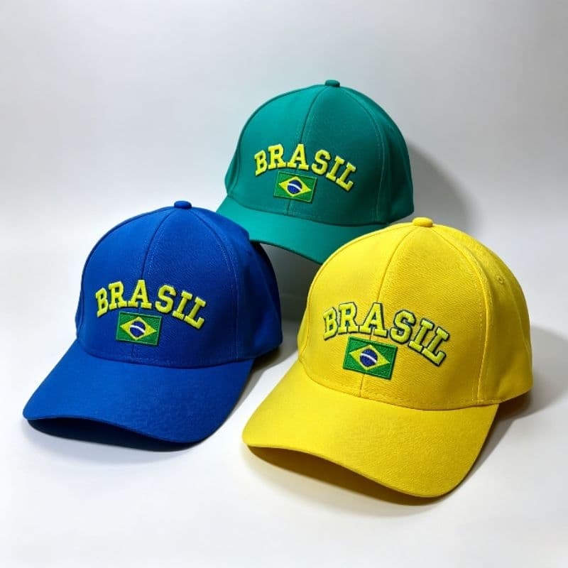 ​Kit 3 Bonés Brasil Bordado Aba Curva Regulável Verde Amarelo Azul