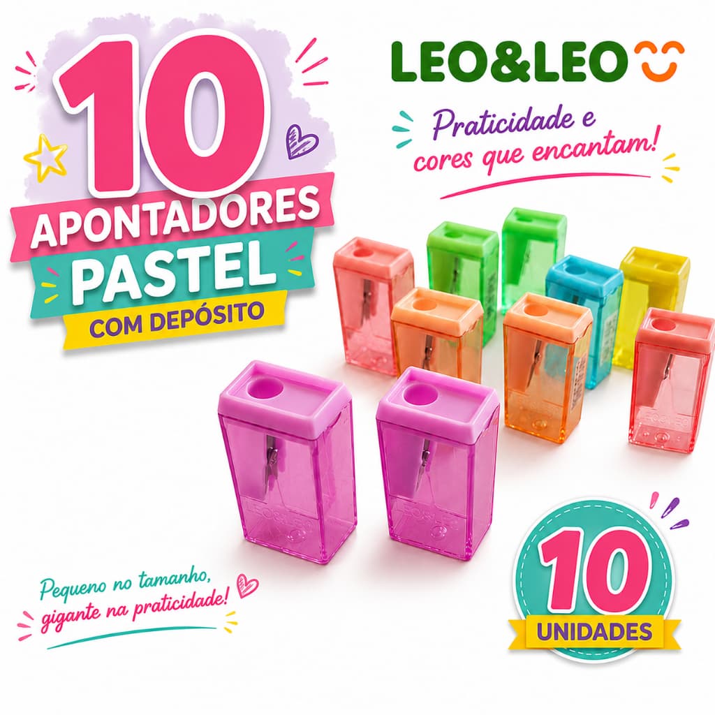 10 Apontadores com Depósito com 4 cm Pastel Trend Bloco 40 Leo e Leo Escola Escritório Arte