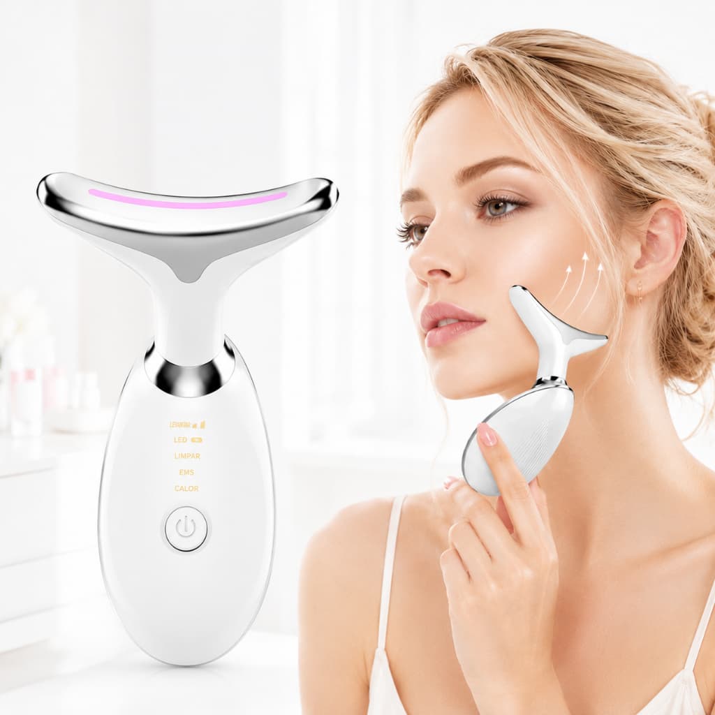 Massageador de Pescoço e Rosto LED com Vibração e Fototerapia para Rejuvenescimento, Firmeza e Anti-Rugas