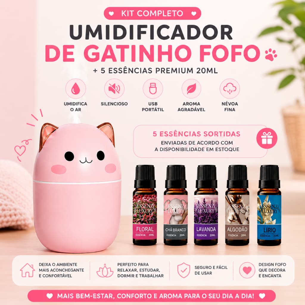 Kit Mini 1 Umidificador Gatinho + 5 Essências | Kit Floral | Umidifica Difusor Aromatizador Ambiente