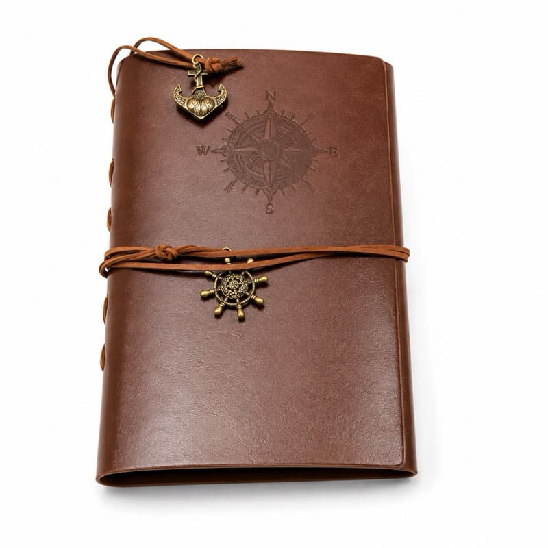 Caderno Vintage Couro A5 Recarregável 80 Folhas Fichário Diário Náutico Naval