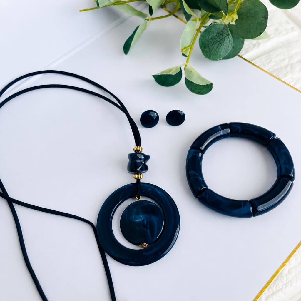 Kit Colar Brinco Pulseira Feminino Azul Marinho Elegante Moderno Presente Luxo