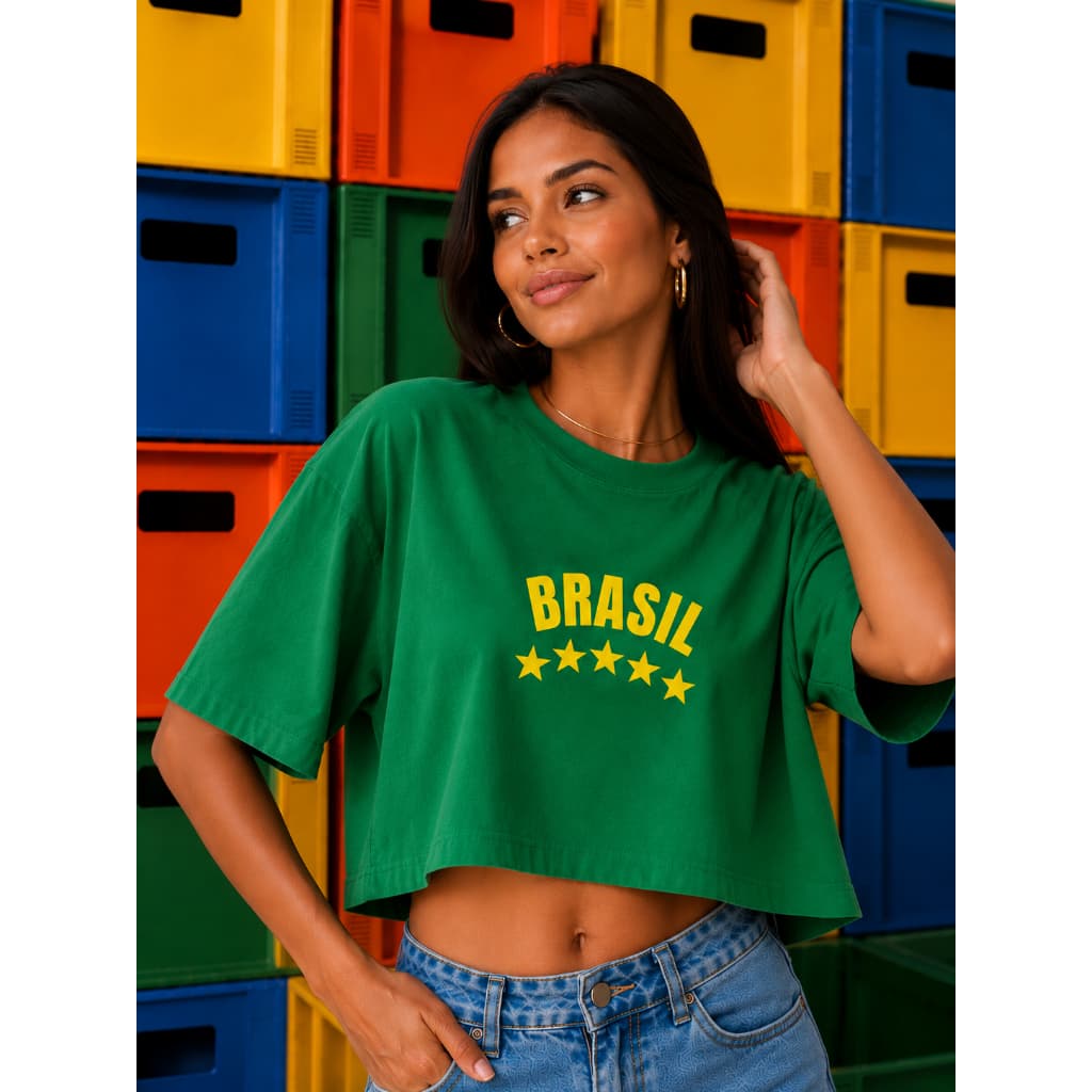 Camiseta Cropped Oversized Feminina Brasil Copa 100% Algodão