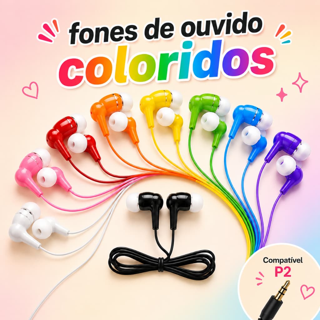 Fone de Ouvido Colorido com Fio Som Estéreo Hi-Fi