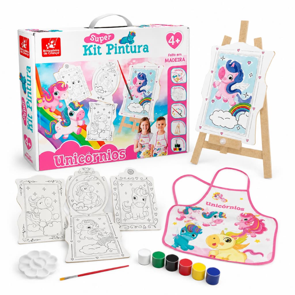 Super Kit Pintura Infantil 4 Telas Com Avental Brinquedo Educativo