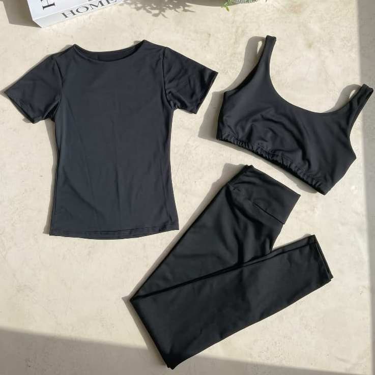 Conjunto De Academia 3 Peças Legging Top e Camiseta De Compressão Conjunto Feminino Calça Suplex