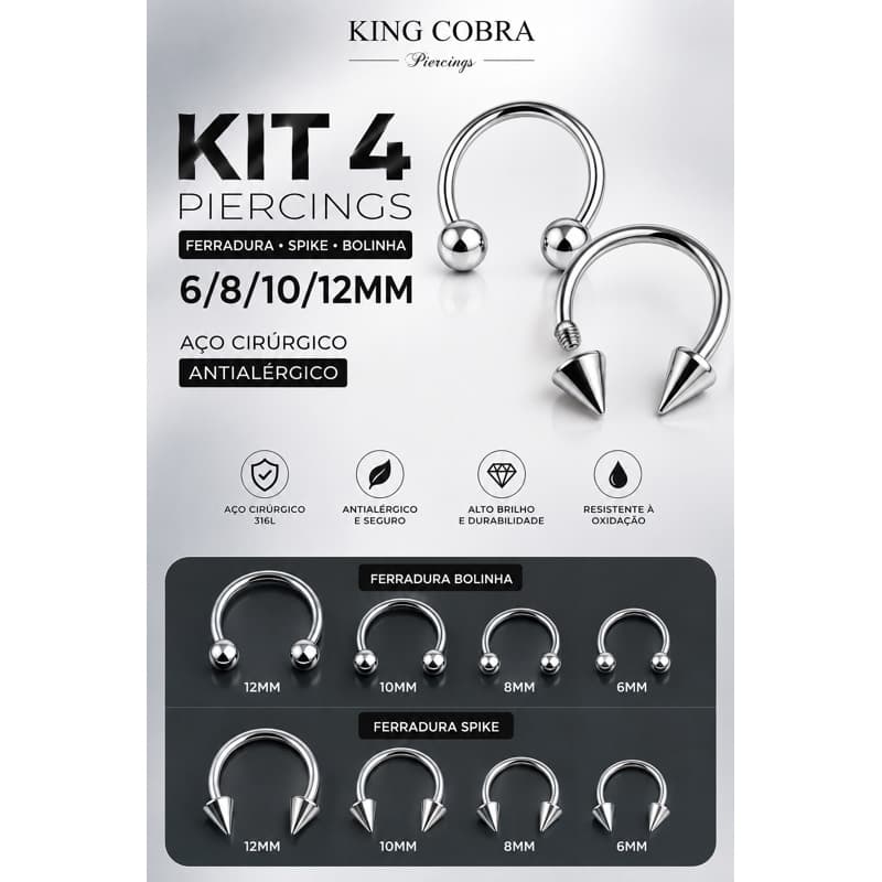 Kit 4 piercings: - Ferradura - Spike - bolinha - 6/8/10/12mm Aço Cirugico Antialegico