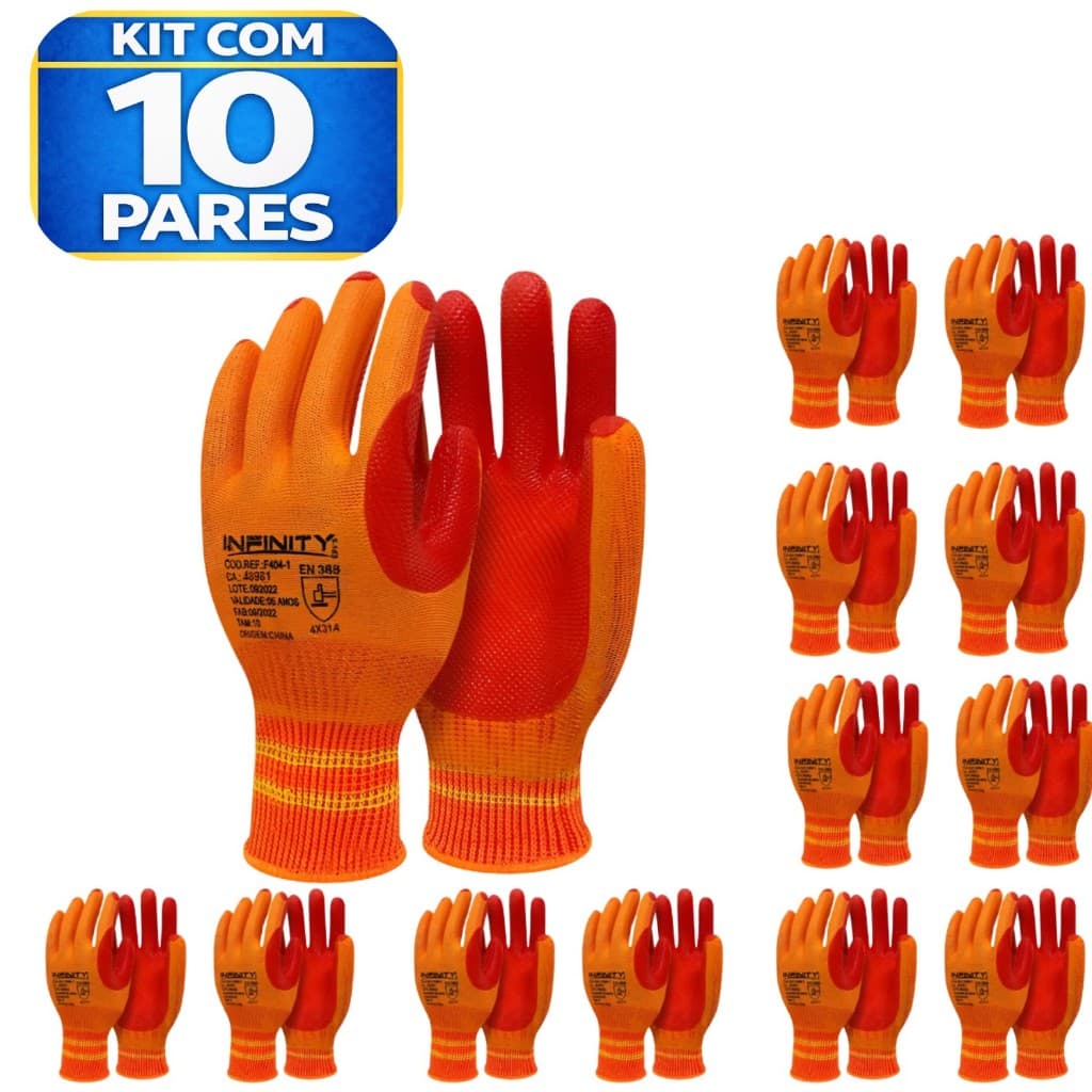 Kit 10 Pares Luva Emborrachada EPI Rubber Resistente Vulcanizado Proteção Segurança Antiderrapante