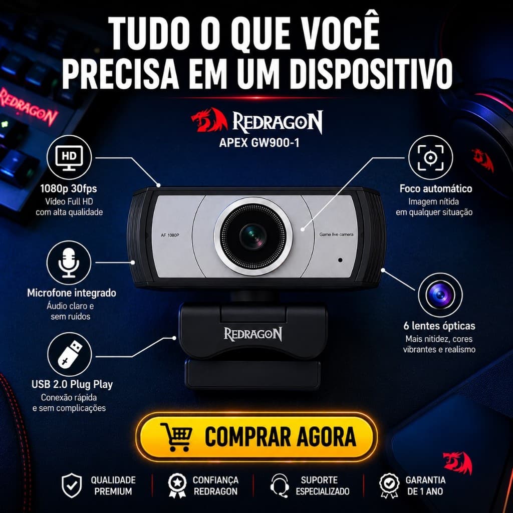 Webcam 1080p Redragon Apex GW900-1 Incrível USB Streaming Premium Autofoco Avançado Perfeita