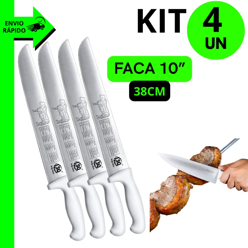 Kit 4/3/2 Unidades Facas Grande Profissional para Carnes e Assados 10" Inox Cabo Ergonômico Branco