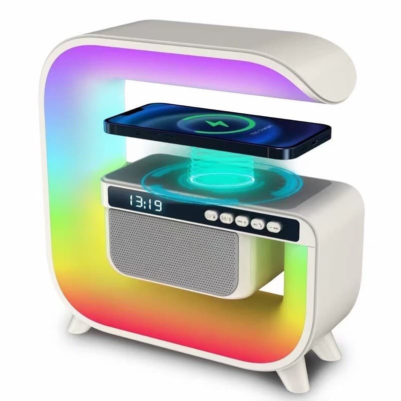 Luminária Mesa Carregador Sem Fio 15W RGB Bluetooth Speaker Despertador Digital Modos Luz Para Quarto