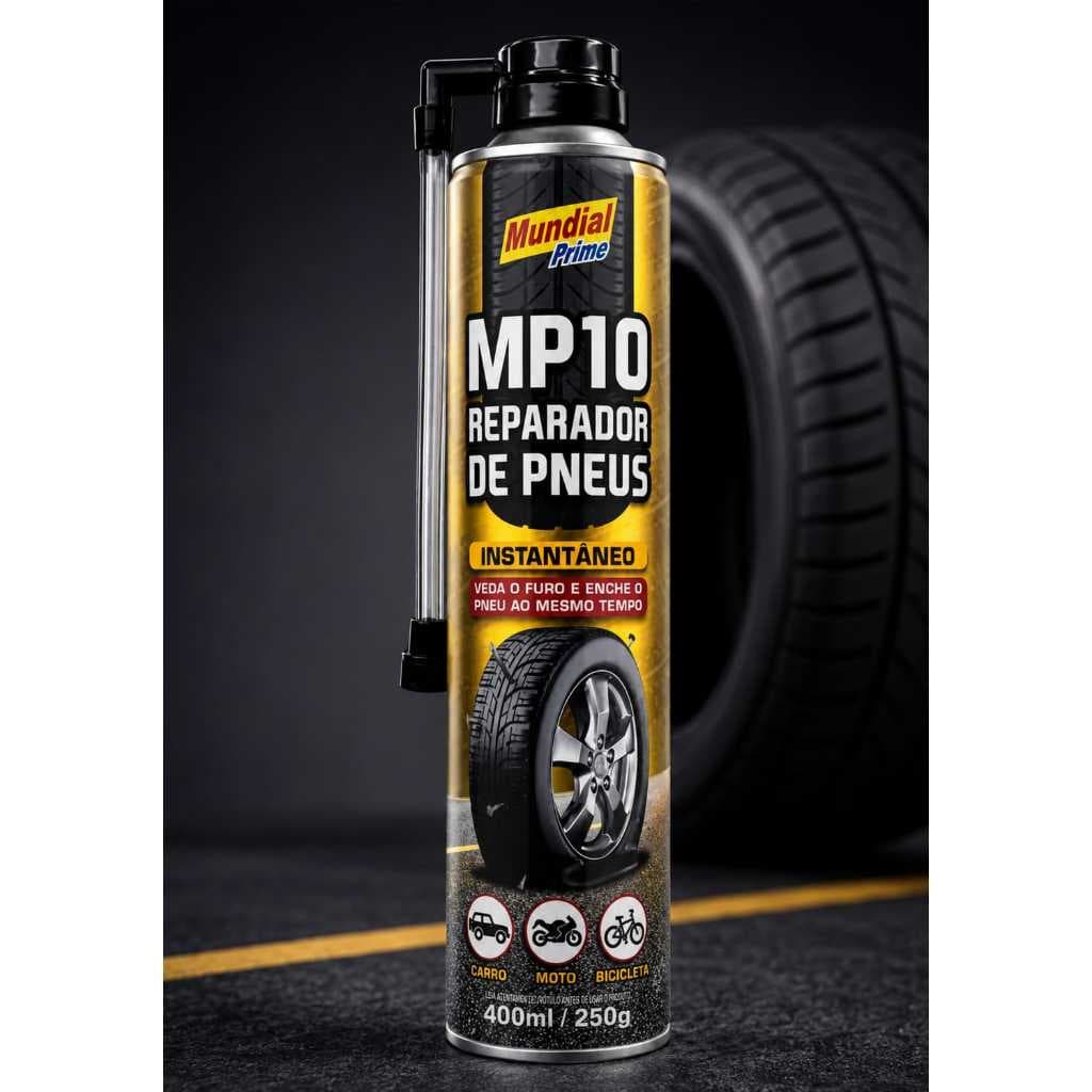 Reparador De Pneus Mp10 Mundial Prime 400ml Enche E Veda Instantâneo Carro, Moto, Bike e outros.