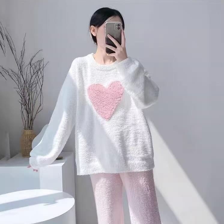 Conjunto Pijama Feminino Inverno Peluciado Canelado Com Laço Roupa De Dormir Quente Confortável E Macia 5670