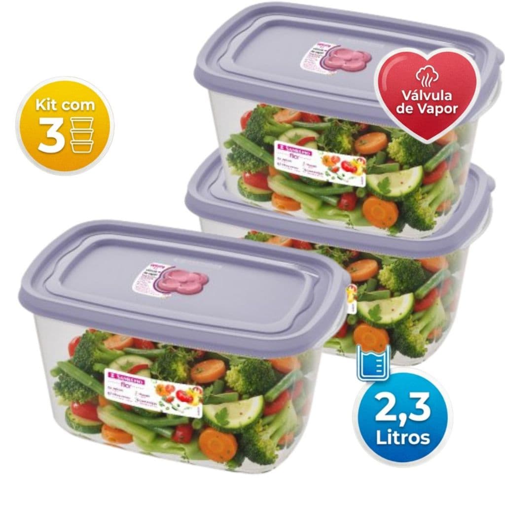 Kit 3 Potes 2,3L Plásticos Retangulares Sanremo Com Válvula Para Micro-ondas E Freezer Livre De BPA