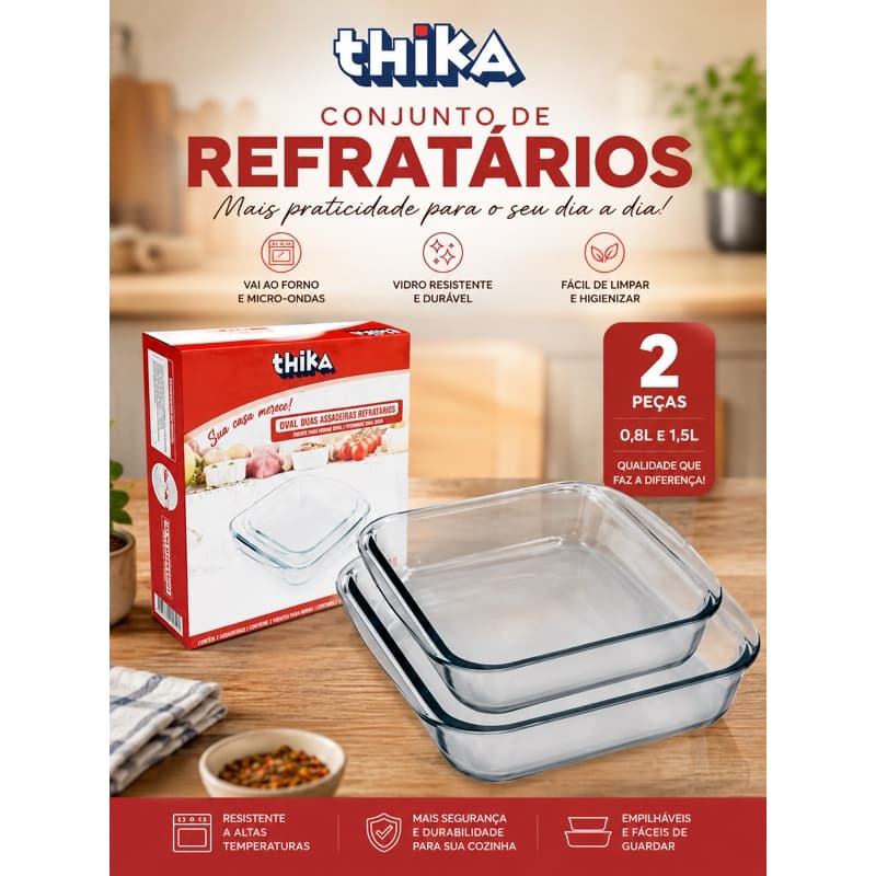Kit Assadeiras Vidro Retangular Refratario Conjunto 2 Pecas Resistente Microondas Forno