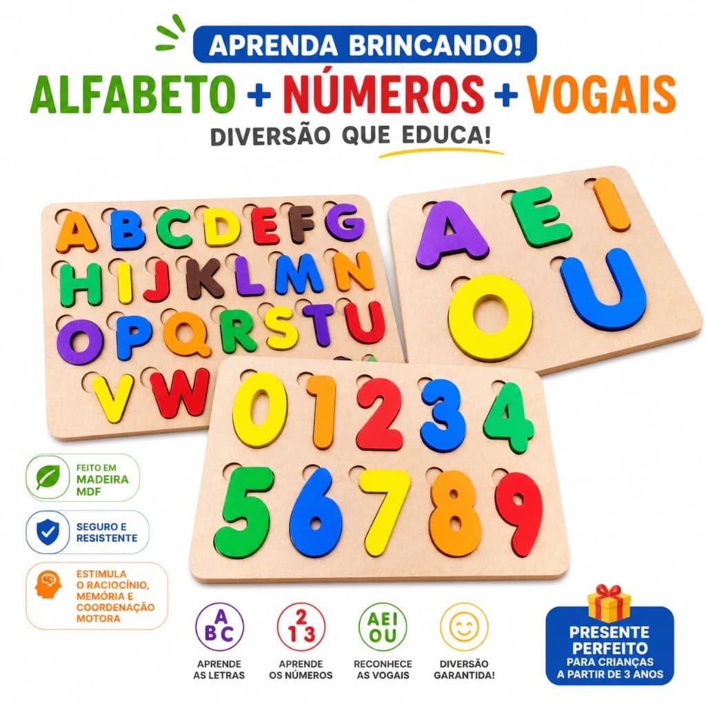 Kit 3 Tabuleiros Alfabetização: Alfabeto Numerais Vogais, Montessori Autismo TDAH Escolar MDF/EVA