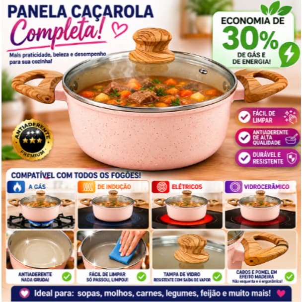 Panela Caçarola Cerâmica Antiaderente Fogão De Indução Tampa Vidro