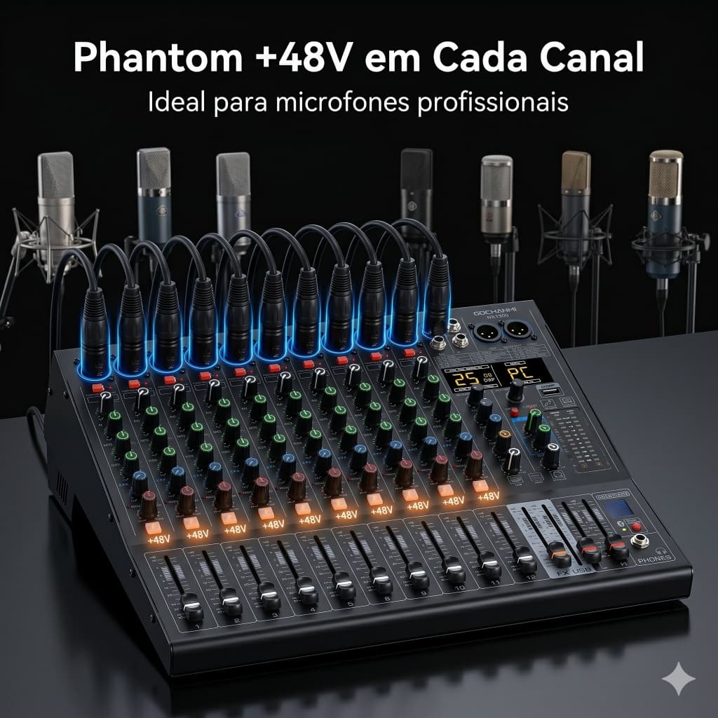 Mixer de Áudio GOCHANMI NX600 6 Canais Bluetooth USB MP3 Gravação Phantom 48V