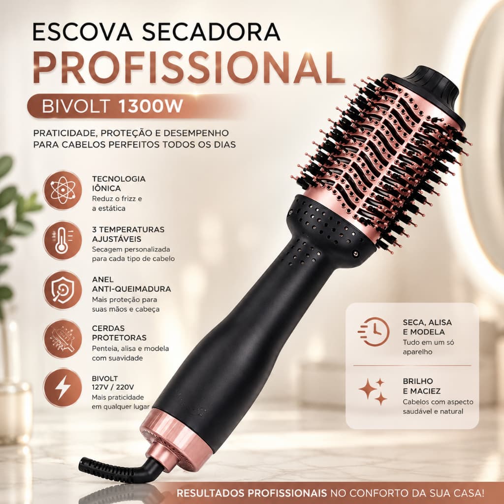 Escova Secadora Alisadora Profissional 1300W | Alisa, Modela e Elimina o Frizz em Minutos