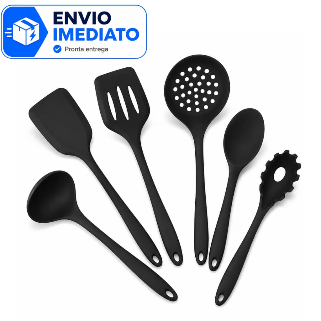 Kit Utensílios Cozinha Silicone 6 Peças Colher Espátula Concha Antiaderente