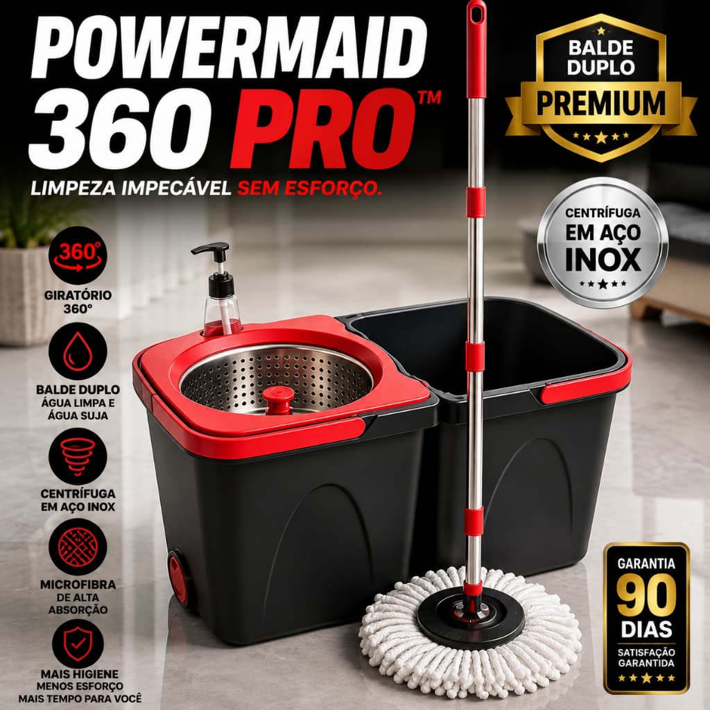 Mop Giratório Powermaid 360 Pro Balde Duplo 13L Centrífuga Inox Limpeza 360° Com Refil Microfibra