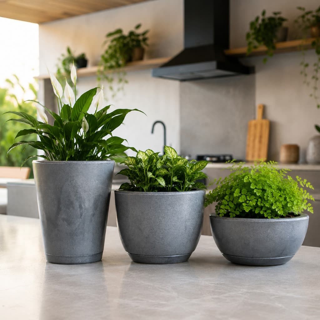 Kit Jogo 3 Vasos de Plantas Liso Polido Estilo Vietnamita Coluna Bojo Bacia Cuia Marmorizado Prato