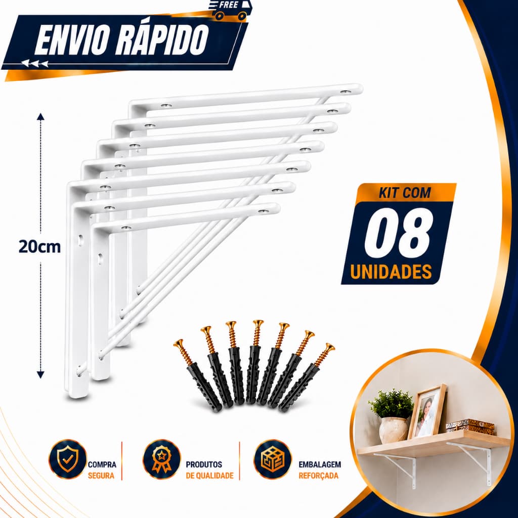 Kit 8 Suporte Mão Francesa Prateleira 20cm Branco WRD parafuso + bucha girotoy pronto para uso