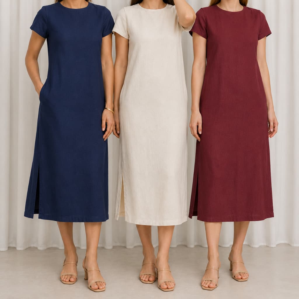 Vestido Feminino Manga Curta Linho Midi Elegante Premium Forrado Fenda Lateral com Bolso Zíper nas Costas Verão Inverno