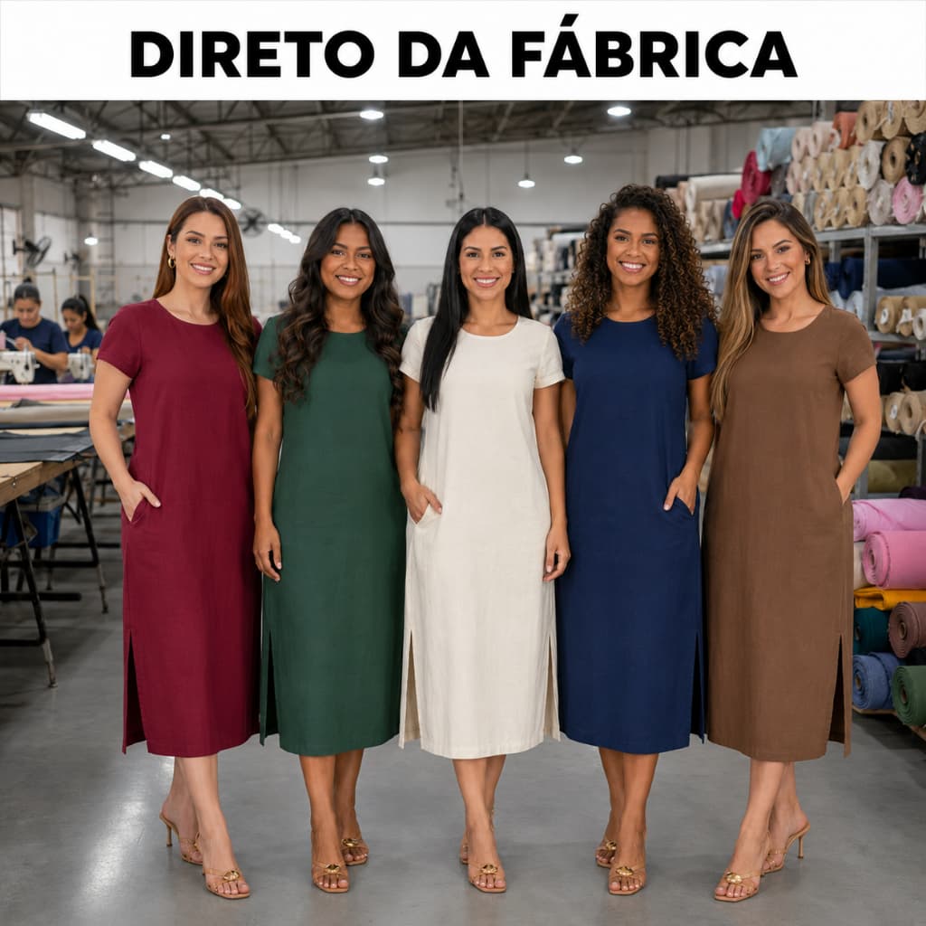 Vestido Feminino Manga Curta Linho Longo Elegante Forrado Fenda Lateral com Bolso Zíper nas Costas Verão