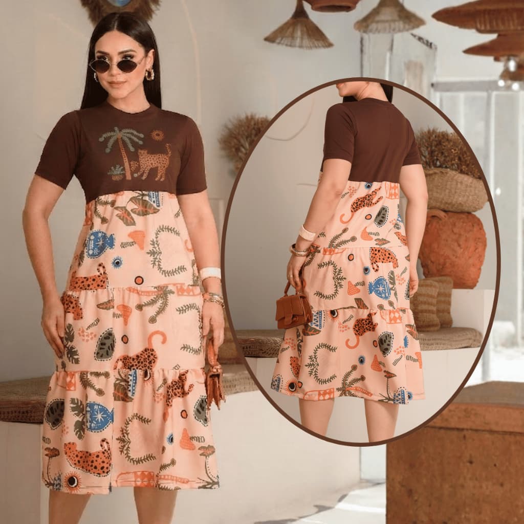 Vestido Midi Moda Evangélica Elegante Moda Casual Costa Estampado Slik Soltinho com Estampa