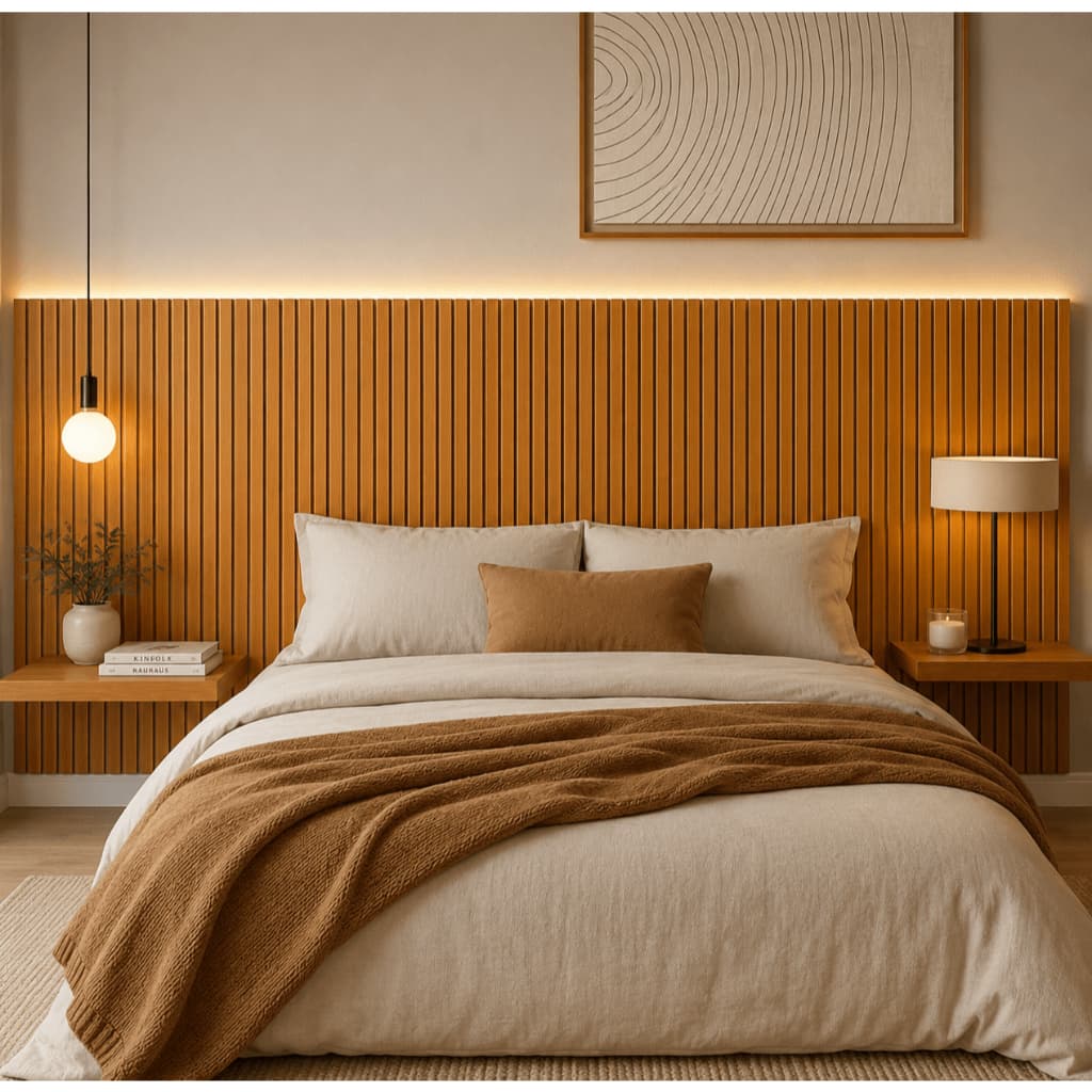 Cabeceira MDF Ripada Autocolante Painel Decorativo Amadeirado Casal Queen King - CASA LGM
