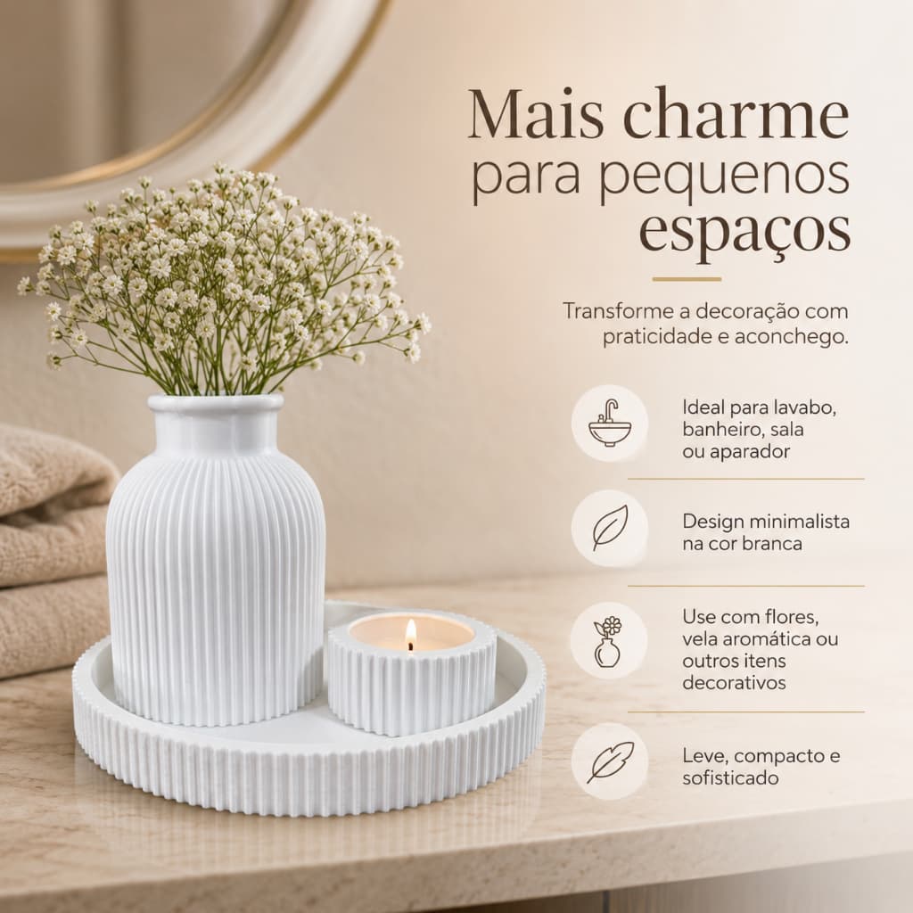 Kit Decorativo Vaso Branco Com Bandeja E Porta Vela Para Sala Banheiro Lavabo