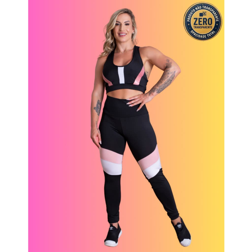 Conjunto Fitness Feminino Calça Legging Cintura Alta Detalhe Perna E Top Nadador Sustentação Academia Treino RIQ Modas