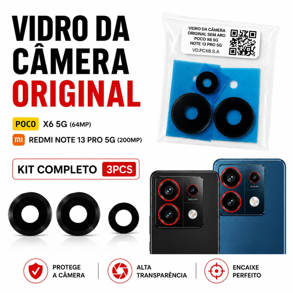 Vidro Da Câmera Poco X6 5G / Redmi Note 13 Pro 5G Kit 3 Peças Original Alta Transparência Dupla Face
