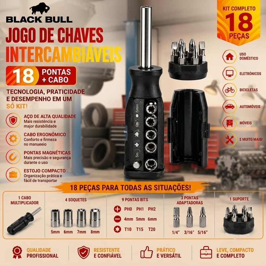 Jogo de Chaves Intercambiáveis com Soquetes 18 Peças Black Bull para Reparos e Montagens
